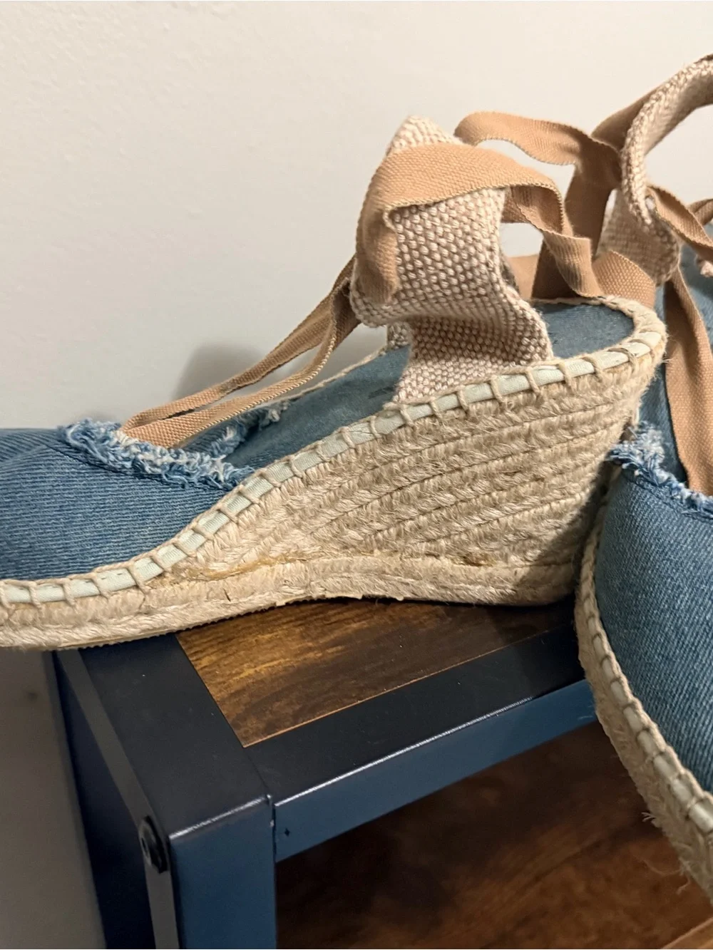 Toms Blue Canvas Espadrille Wrap Sandals with Brown Ties